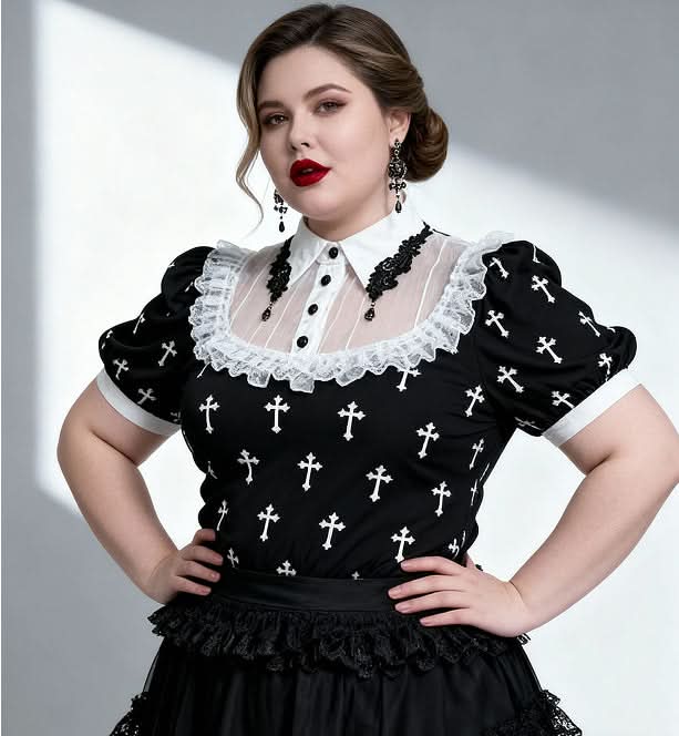 'Falling' Gothic Crucifix Patterned Printed Top (White)