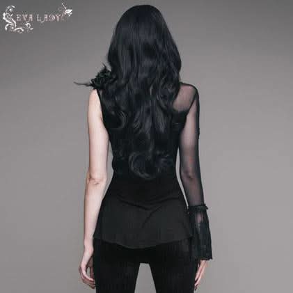 Summer Sexy Ladies Single Flared Sleeve Hip Covered Stretchy Mesh T Shirt