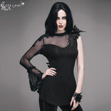 Summer Sexy Ladies Single Flared Sleeve Hip Covered Stretchy Mesh T Shirt