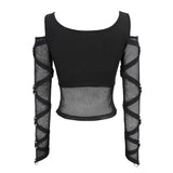 Mesh Spliced Off The Shoulder Sexy Women Punk Long Sleeves T Shirts