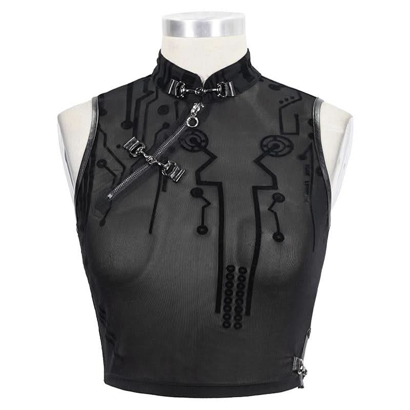 Tt170 Cyberpunk Flocking Mesh Stand Collar Short T Shirt