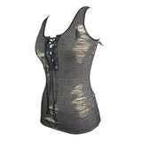 Everyday Summer Punk Sexy Women Black Apricot Broken Lines Low Chest Sleeveless Vest