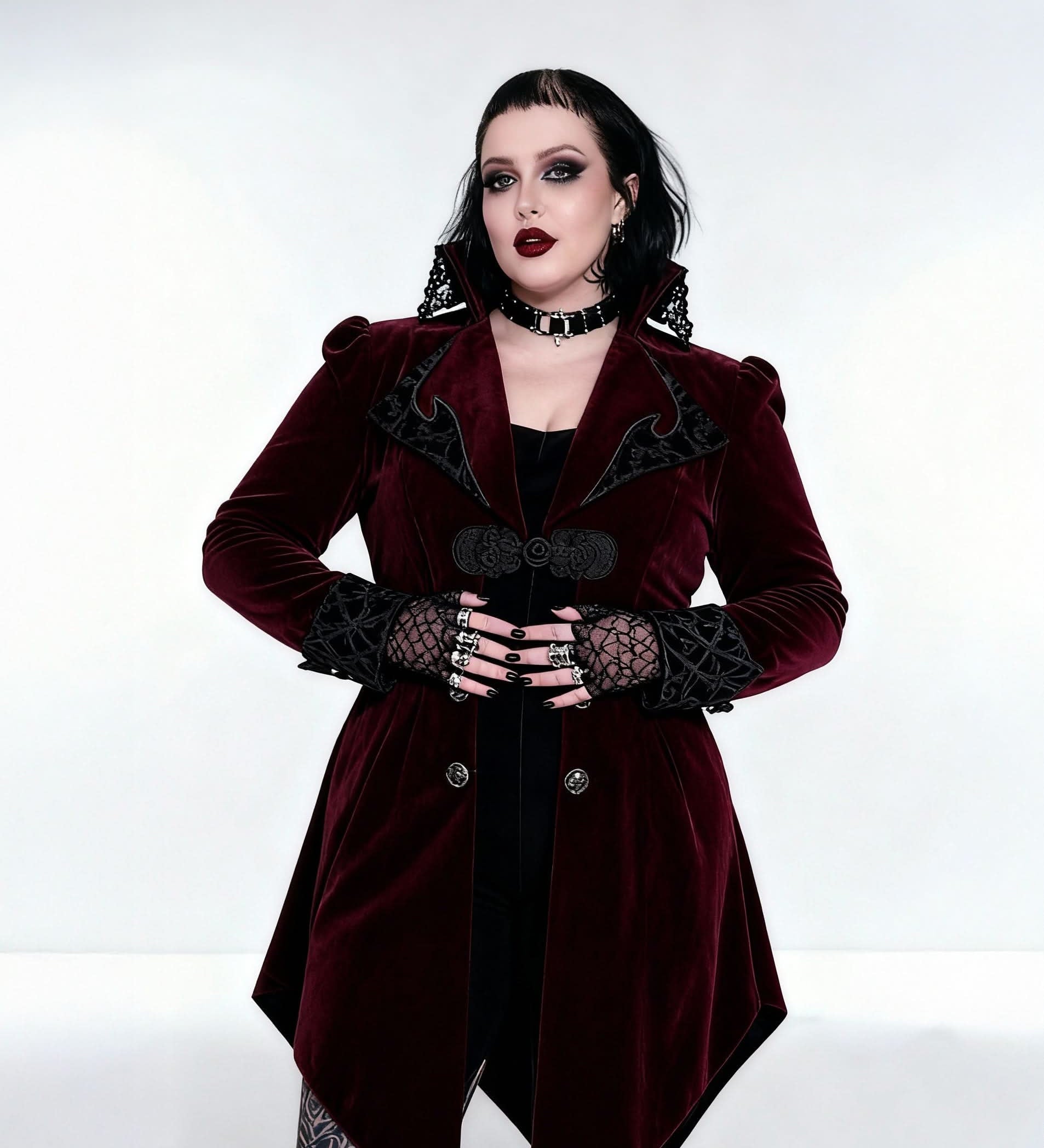 'Crimson Moon' Embroidered Gothic coat with High Collar