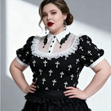 'Falling' Gothic Crucifix Patterned Printed Top (White)