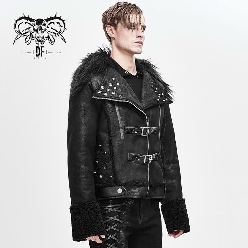 Decadent Punk Warm Spiked Fur Collar Men Wool Short Jacket With Loops