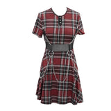 Daily Life Cool Girls Mesh Waist Stretchy Mid Length Scottish Red Plaid Dress With Chains