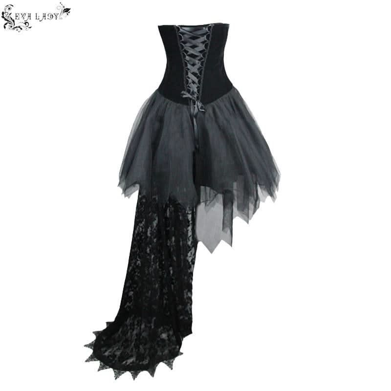 Gothic Wedding Strapless Feathered Sexy Short Velveteen Dress With Rose Lace Tail