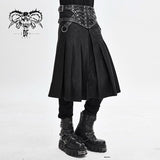 Punk Metallic Mist Textured Leather Waistband Dark Grain Pleated Men Kilts
