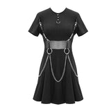 Daily Life Black Women Mesh Waist Pure Cotton Stretchy Punk Dress With Chains