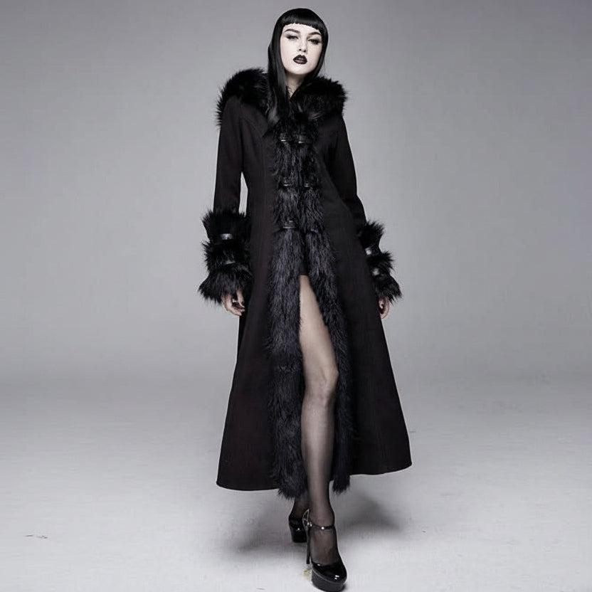 Winter Sexy Women Black Gothic Double Faced Woolen Hooded Long Coat With Fur