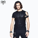 Daily Punk Leather Spliced Irregular Detachable Sleeve Lace Up Men T Shirt