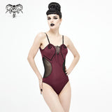 'Phantasmagoria' Gothic Mesh Swimsuit with Straps (Red)