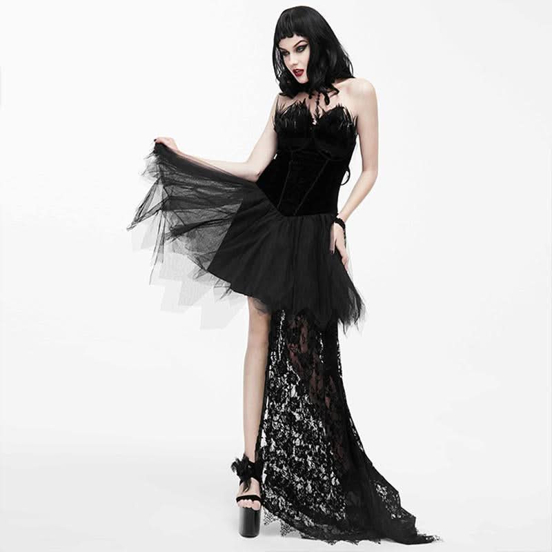 Gothic Wedding Strapless Feathered Sexy Short Velveteen Dress With Rose Lace Tail