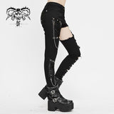 Punk Asymmetrical Spliced Broken Hole Women Worn Out Pants With Chains