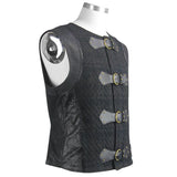 Men Coarse Texture Woolen Patchwork Punk Leather Waistcoat With Loops