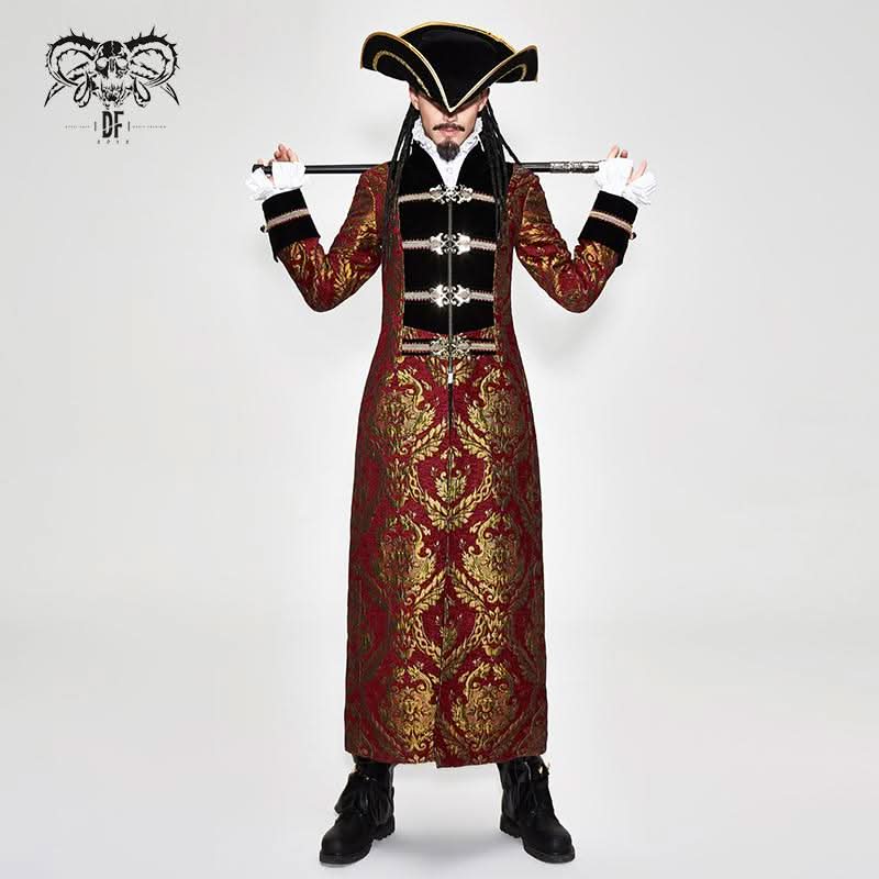 Pirate Style Red And Gold Jacquard Gothic Pattern Men Long Coat