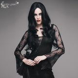 Eva Lady Asymmetrical Hem Lace Sleeves Stretchy Cotton Sexy T Shirt