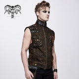 Brown Steampunk High Collar Lace Up Back Zipper Up Men Waistcoat With Pockets