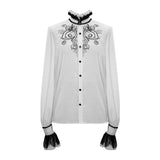 Punk Wedding Gothic Embroidered Long Sleeve Chiffon White Men Shirt With Necktie