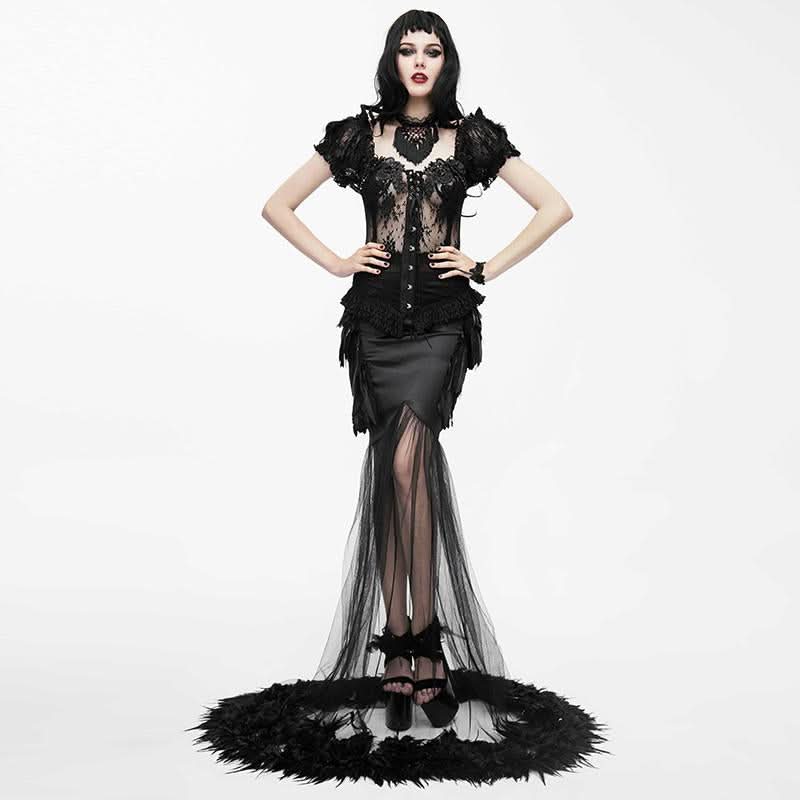 Feather Floor Length Gown Sexy Ladies Elastic Satin Half Fishtail Skirt With Flower