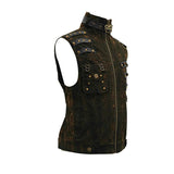 Brown Steampunk High Collar Lace Up Back Zipper Up Men Waistcoat With Pockets