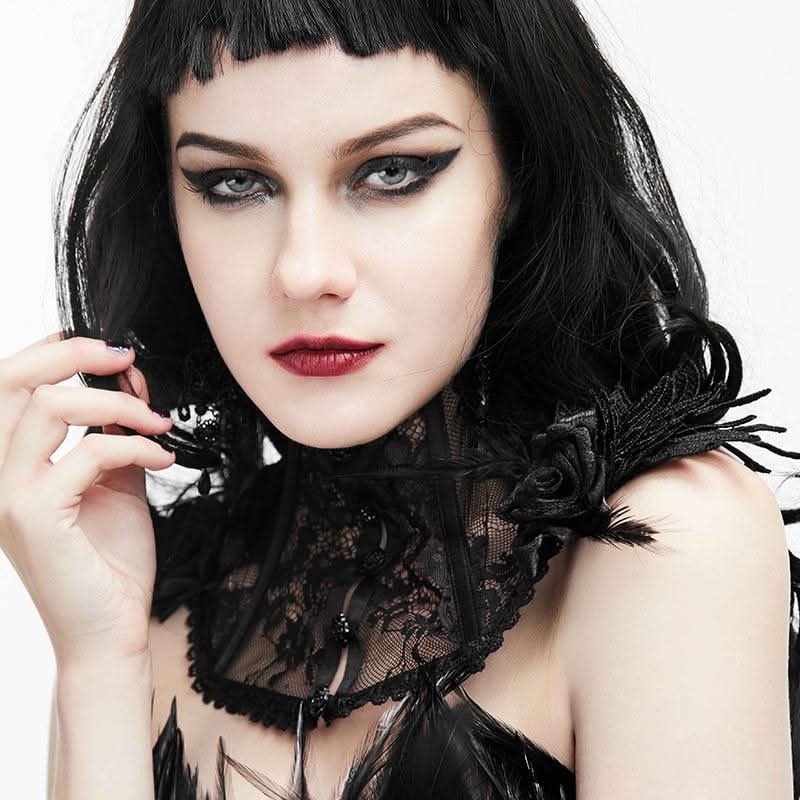 Gothic Accessory Feather Adjustable Ribbons Lace Sexy Women Collar With Rose Flower