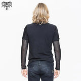 Punk Men Tattered Knitted Diamond Mesh T Shirt With Ribbons