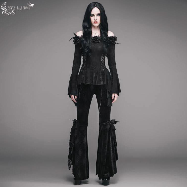 Feather Rose Horizontal Neck Dark Pattern Stretchy Jacquard Sexy Women Shirts