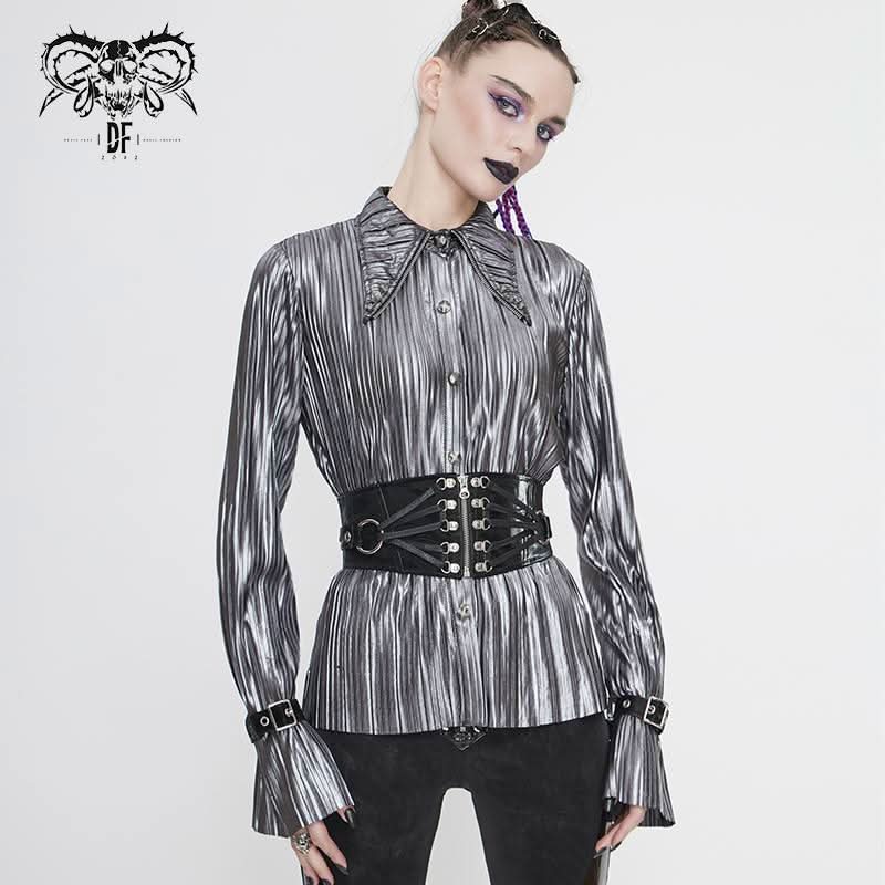 Sht05502 Cyberpunk Bright Black Pleated Blouse