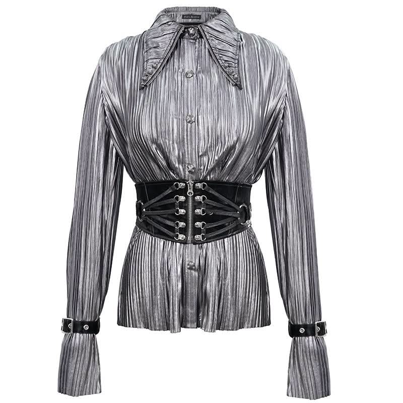 Sht05502 Cyberpunk Bright Black Pleated Blouse