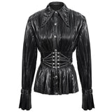 Sht05501 Cyberpunk Bright Black Pleated Blouse