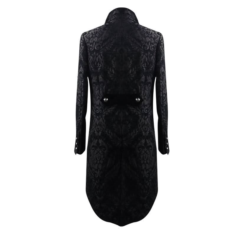 Gothic Jacquard High Low Men Warm Black Dress Coat With Slit