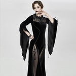 Flocking Pattern Trumpet Sleeve Sexy Ladies Gothic Party Fitted Velvet Dress