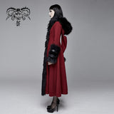 Daily Life Winter Sexy Women Red Gothic Party Woolen Hooded Long Coat With Fur