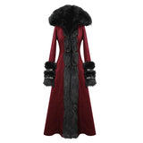 Daily Life Winter Sexy Women Red Gothic Party Woolen Hooded Long Coat With Fur