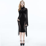 Gothic Cross Shape Stand Collar Flared Sleeves Sexy Ladies Stretchy Middle Length Velvet Dress