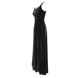 Gothic Party Queen Velvet Flat Shouders Lace Up Deep V Chest Slim Sexy Long Dress