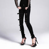 Devil Fashion Black Broken Holes Punk Women Ripped Jeans With Loops