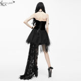 Gothic Wedding Strapless Feathered Sexy Short Velveteen Dress With Rose Lace Tail