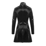 Cyber Punk Nailed Zipper Up Black Bright Leather Women Long Coat