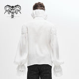 Gothic Lace Cuff High Collar Pleated Chiffon White Men Shirts With Flounces Necktie