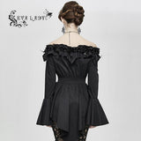 Horizontal Neck Elastic Rubber Waist Stretchy Women Black Shirts With Rose Flower