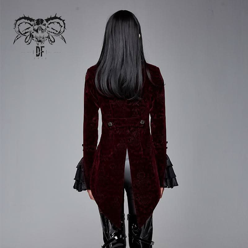 Autumn Red Women Gothic Party Paisley Jacquard Velvet Swallow Tailed Jackets