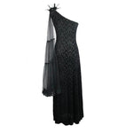 One Shoulder Asymmetrical Dark Pattern Stretchy Velvet Long Dress With Shawl