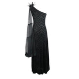 One Shoulder Asymmetrical Dark Pattern Stretchy Velvet Long Dress With Shawl