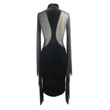 Gothic Cross Shape Stand Collar Flared Sleeves Sexy Ladies Stretchy Middle Length Velvet Dress