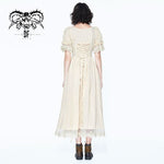 Creamy White Steampunk Victoria Vintage Drawstring Embroidered Lace Women Long Dress
