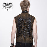 Brown Steampunk High Collar Lace Up Back Zipper Up Men Waistcoat With Pockets