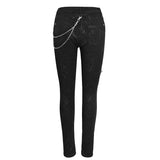 Spring Punk Streetwear Printed Stretch Fitted Women Black Pants With Zippper