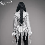 Daily Lace Tassels Sexy Women Long Sleeves Lace Up Printed White Blouse